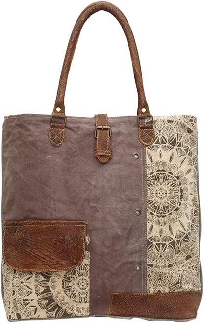 Myra Bags Floral Side Upcycled Canvas Tote Bag S-0733, Tan, Khaki, Brown, One_Size