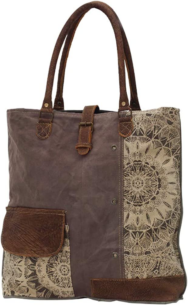 Myra Bags Floral Side Upcycled Canvas Tote Bag S-0733, Tan, Khaki, Brown, One_Size