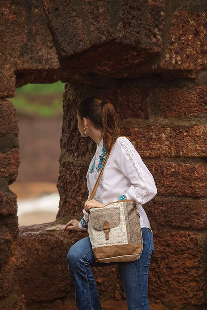 Tribal Stripe Front Pocket Upcycled Canvas & Cowhide Leather Shoulder Bag