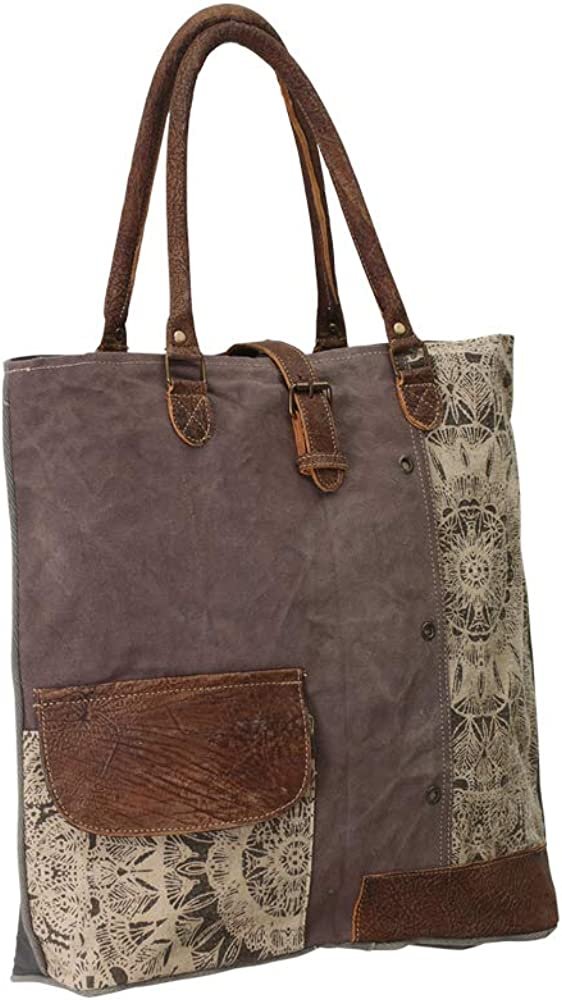 Myra Bags Floral Side Upcycled Canvas Tote Bag S-0733, Tan, Khaki, Brown, One_Size